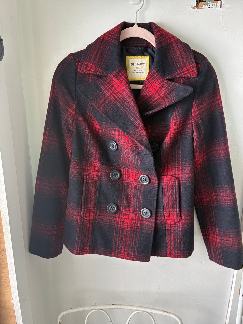 Old Navy Red and Black Plaid Double-Breasted Peacoat
